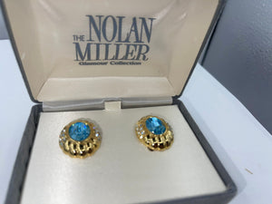 Vintage Designer Nolan Miller Clip On Earrings Blue and Clear Crystals Cosmopolitan Beautiful Gold Tone New in Box