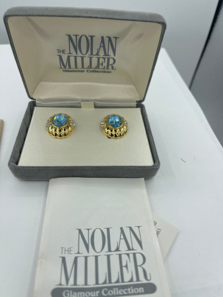Vintage Designer Nolan Miller Clip On Earrings Blue and Clear Crystals Cosmopolitan Beautiful Gold Tone New in Box