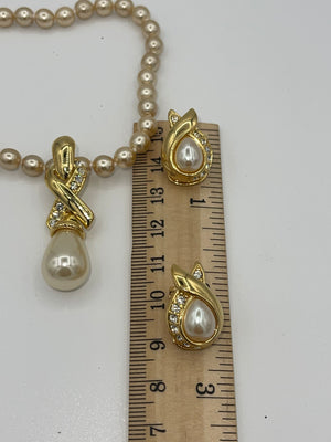 Vintage Designer Nolan Miller Faux Pearl Clip On Earrings & Enhancer Pendant Set 2 Necklaces Crystal Gold Tone New in Box Elegant