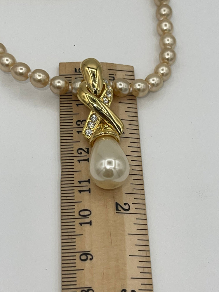 Vintage Designer Nolan Miller Faux Pearl Clip On Earrings & Enhancer Pendant Set 2 Necklaces Crystal Gold Tone New in Box Elegant