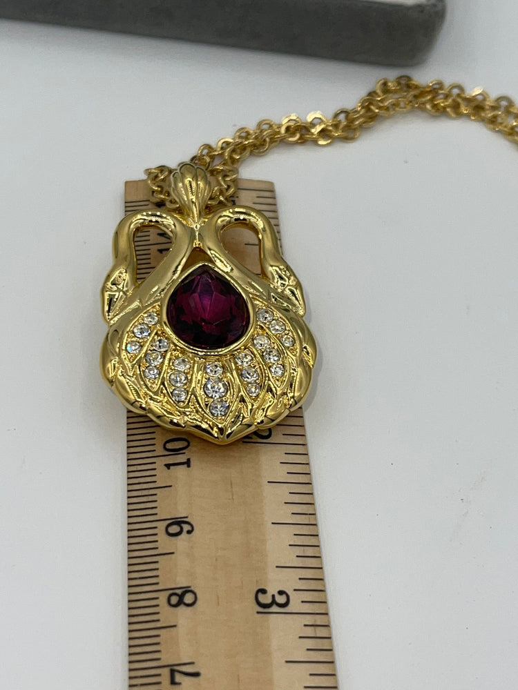 Vintage Designer Nolan Miller Touch of Romance Swans Pendant Necklace 2 Chains Purple Crystals New in Box Rare
