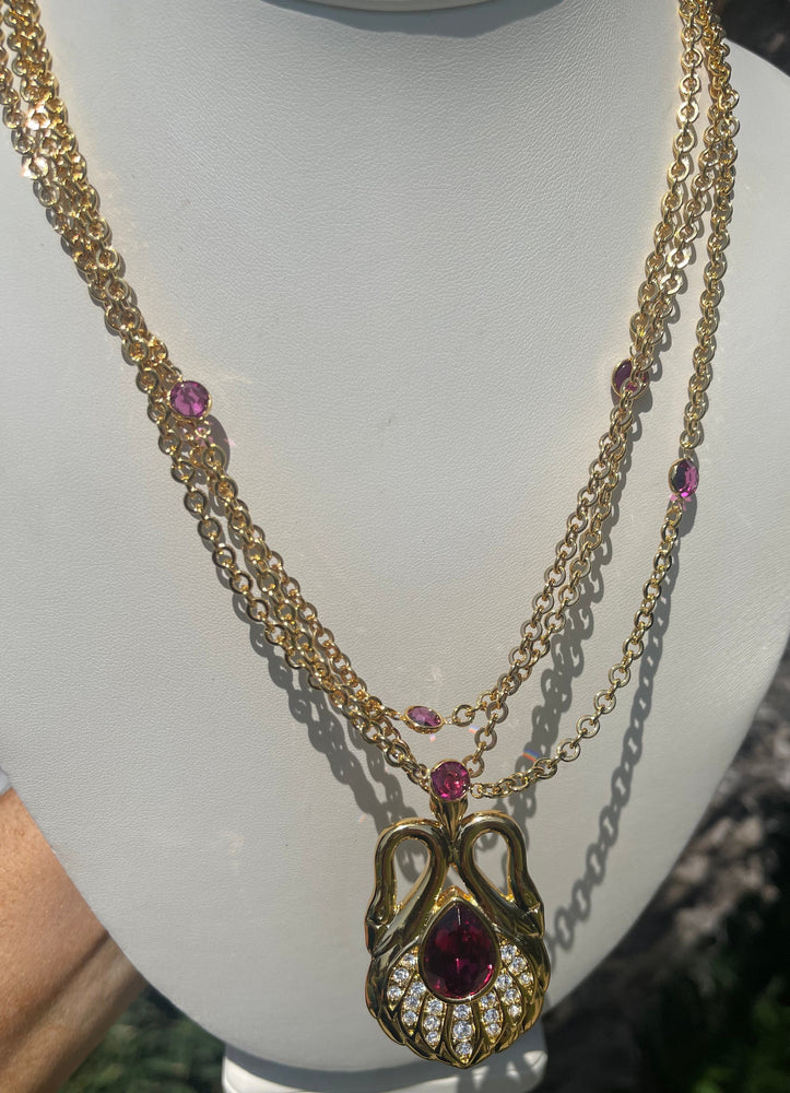Vintage Designer Nolan Miller Touch of Romance Swans Pendant Necklace 2 Chains Purple Crystals New in Box Rare
