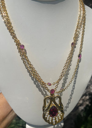 Vintage Designer Nolan Miller Touch of Romance Swans Pendant Necklace 2 Chains Purple Crystals New in Box Rare