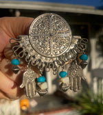 Vintage Silver Tone Hamsa Brooch w Turquoise Gemstone Dangles Protection- Ward Off Evil