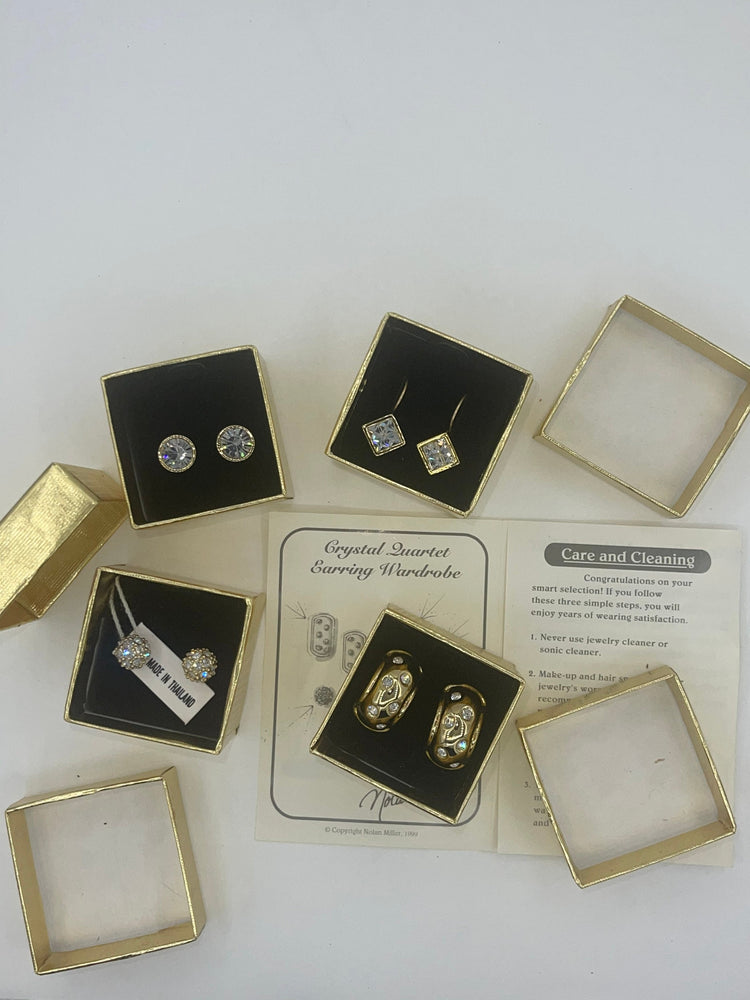 Vintage Designer Nolan Miller  Crystal Quartet Earrings Wardrobe Set of 5 Pierced Gift Boxes New Old Stock