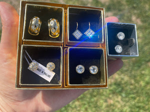 Vintage Designer Nolan Miller  Crystal Quartet Earrings Wardrobe Set of 5 Pierced Gift Boxes New Old Stock