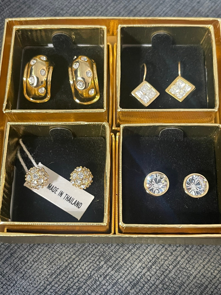 Vintage Designer Nolan Miller  Crystal Quartet Earrings Wardrobe Set of 5 Pierced Gift Boxes New Old Stock