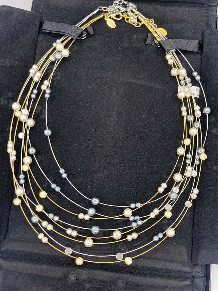 Beautiful Vintage Designer Nolan Miller Floating Faux Pearl & Crystal Necklace Set x 2 One Black Pearl Silver One Gold White Pearl New box