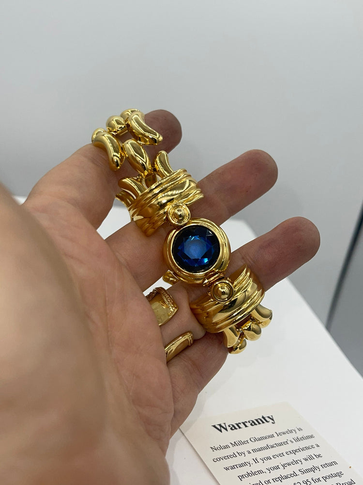 Vintage Designer Nolan Miller Gold Tone Blue Crystal Link Bracelet 8.25 Inches New Old Stock