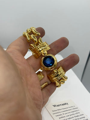 Vintage Designer Nolan Miller Gold Tone Blue Crystal Link Bracelet 8.25 Inches New Old Stock