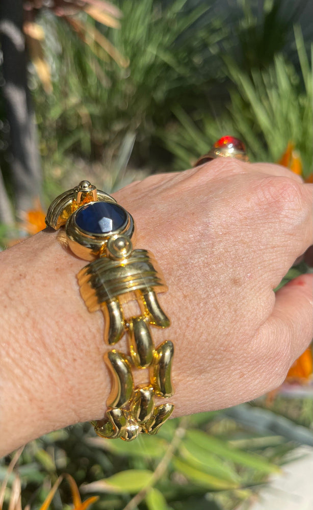 Vintage Designer Nolan Miller Gold Tone Blue Crystal Link Bracelet 8.25 Inches New Old Stock