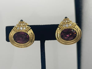 Vintage Designer Nolan Miller Purple Crystal Gold Tone Clip On Earrings Costume Cocktail