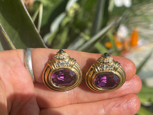 Vintage Designer Nolan Miller Purple Crystal Gold Tone Clip On Earrings Costume Cocktail