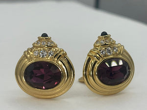 Vintage Designer Nolan Miller Purple Crystal Gold Tone Clip On Earrings Costume Cocktail