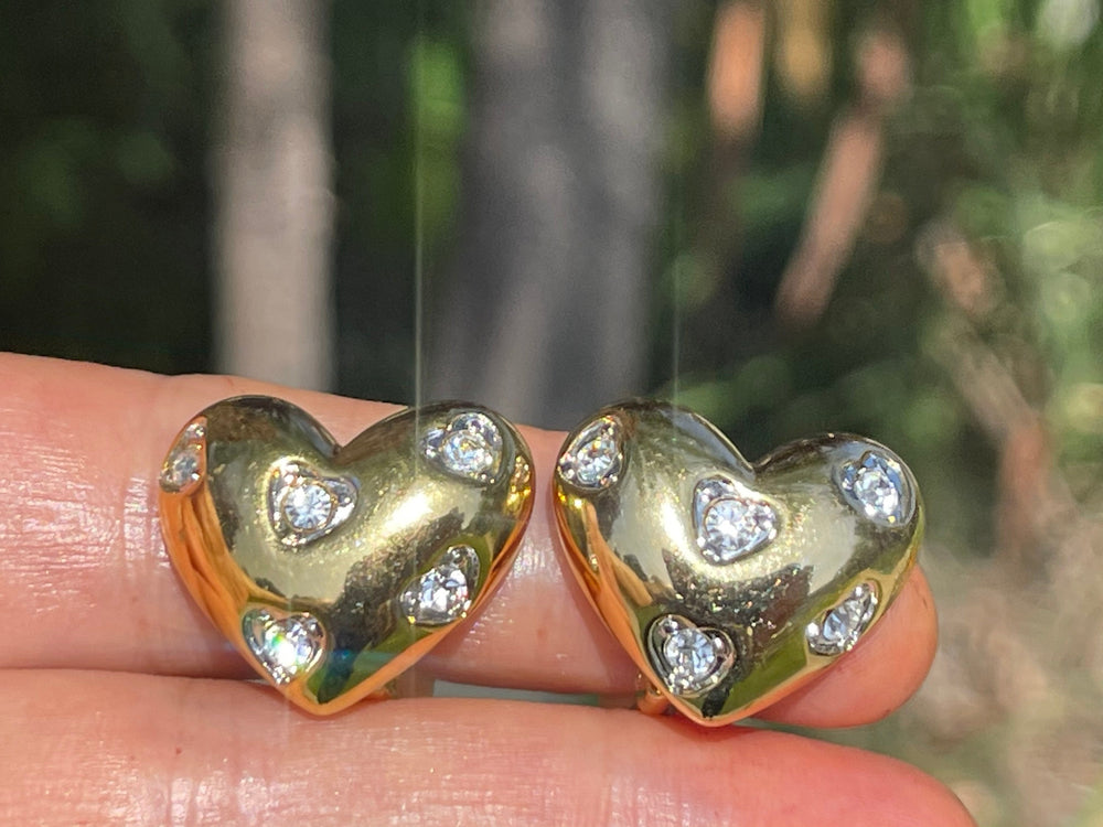 Vintage Designer Nolan Miller Gold Tone Puffy Heart & Crystal Earrings Clip On Style Cocktail- Costume