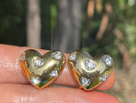 Vintage Designer Nolan Miller Gold Tone Puffy Heart & Crystal Earrings Clip On Style Cocktail- Costume