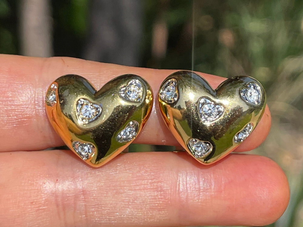 Vintage Designer Nolan Miller Gold Tone Puffy Heart & Crystal Earrings Clip On Style Cocktail- Costume