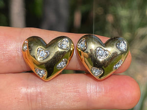 Vintage Designer Nolan Miller Gold Tone Puffy Heart & Crystal Earrings Clip On Style Cocktail- Costume