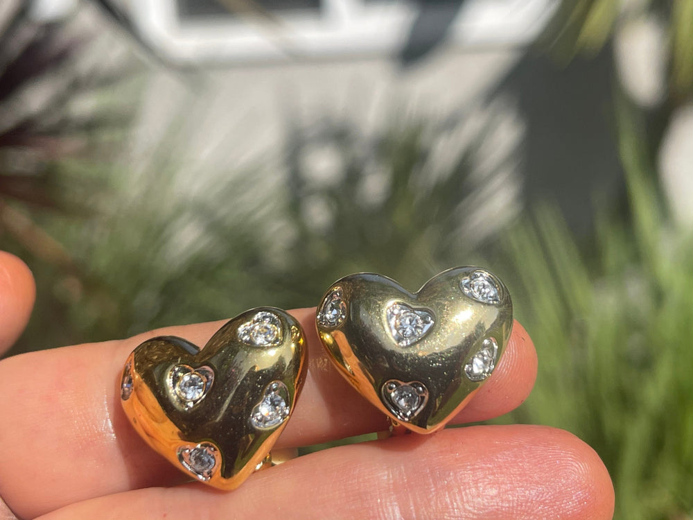 Vintage Designer Nolan Miller Gold Tone Puffy Heart & Crystal Earrings Clip On Style Cocktail- Costume