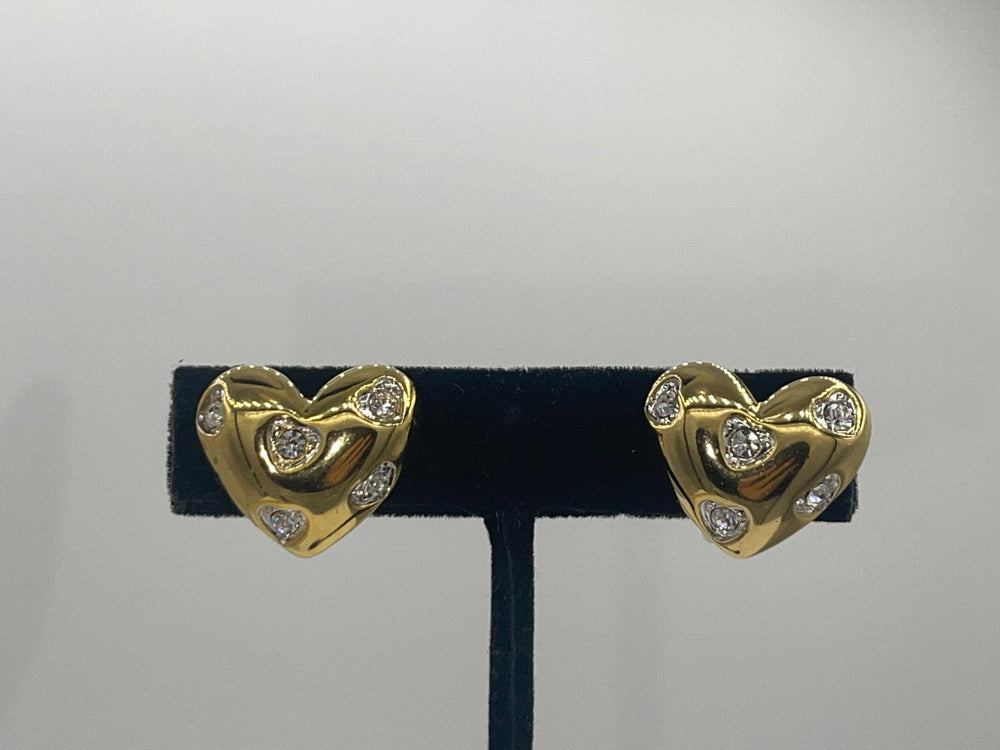 Vintage Designer Nolan Miller Gold Tone Puffy Heart & Crystal Earrings Clip On Style Cocktail- Costume