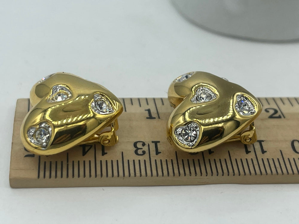 Vintage Designer Nolan Miller Gold Tone Puffy Heart & Crystal Earrings Clip On Style Cocktail- Costume