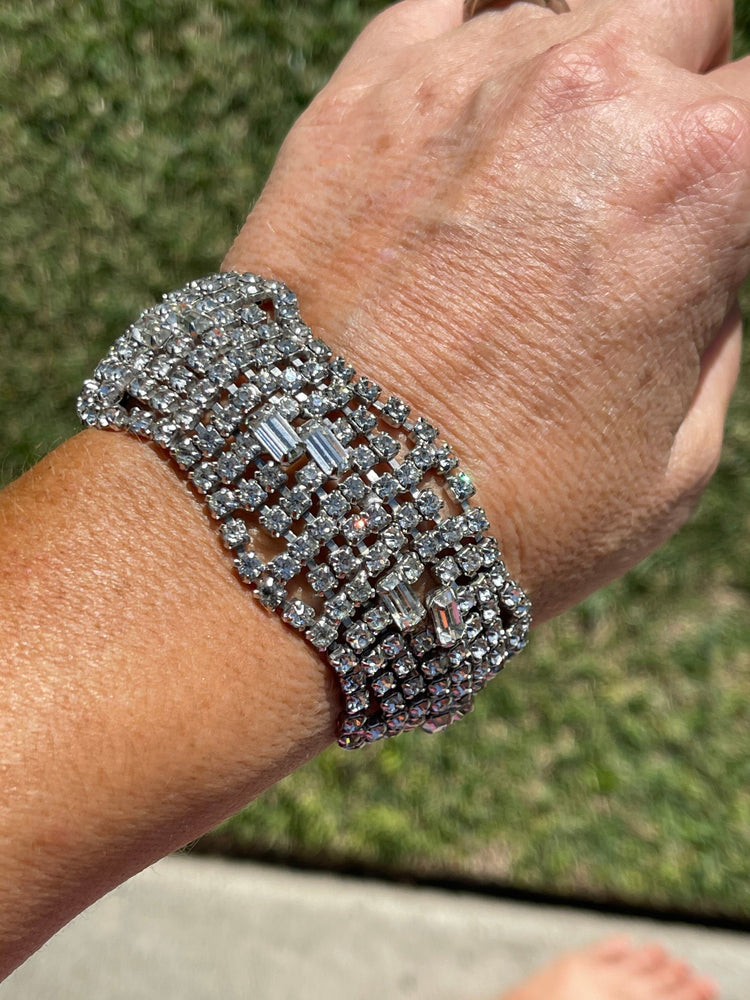 Beautiful Antique Wide Rhinestone Bracelet Art Deco Safety Clasp Cocktail Costume Jewelry