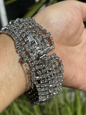 Beautiful Antique Wide Rhinestone Bracelet Art Deco Safety Clasp Cocktail Costume Jewelry