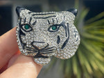 Big Vintage White Tiger Crystal Brooch Costume Green Eyes Cocktail Parties