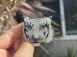 Big Vintage White Tiger Crystal Brooch Costume Green Eyes Cocktail Parties