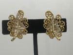 Vintage Designer BSK Floral Leaf Gold Tone Clip Earrings Rhinestones + Enamel