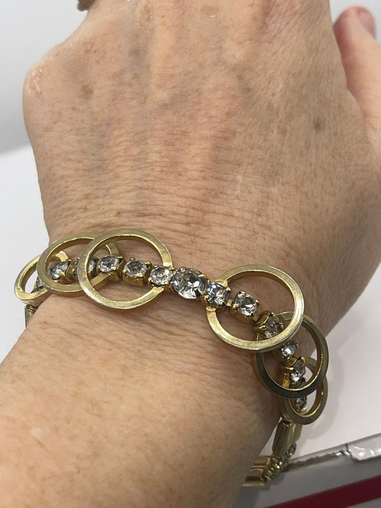 Vintage Rhinestone Gold Tone Cocktail Bracelet Modernist Costume Saftey Clasp 7 Inches Long