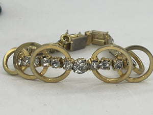 Vintage Rhinestone Gold Tone Cocktail Bracelet Modernist Costume Saftey Clasp 7 Inches Long