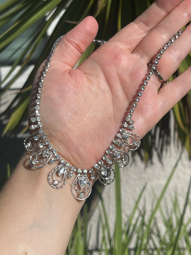 Vintage Antique Jay Flex Sterling Silver 925 Rhinestones Necklace- Choker Cocktail Holidays! 14.75 Inches