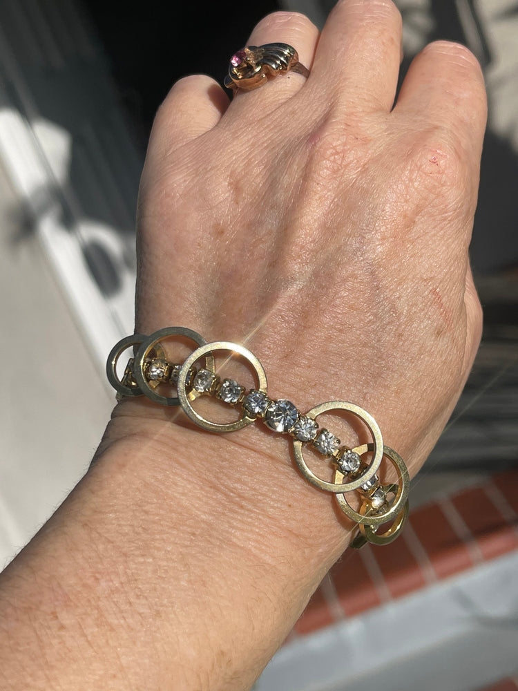 Vintage Rhinestone Gold Tone Cocktail Bracelet Modernist Costume Saftey Clasp 7 Inches Long