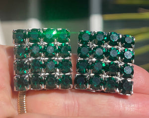 Vintage Green Rhinestones Clip On Earrings Large Square Holidays- Christmas