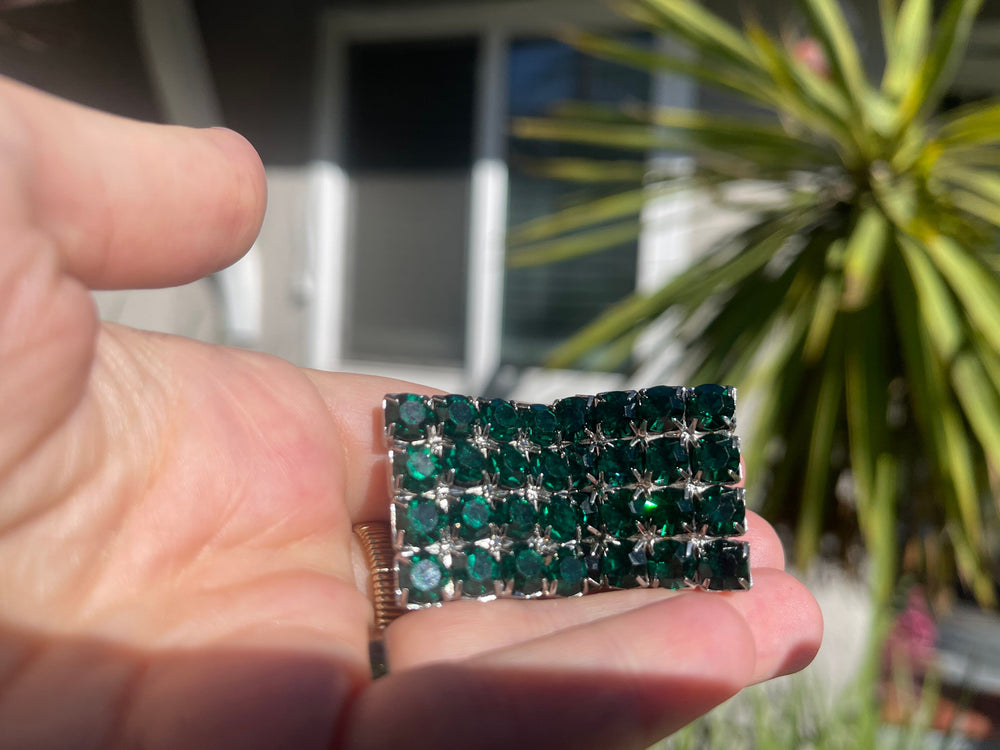Vintage Green Rhinestones Clip On Earrings Large Square Holidays- Christmas