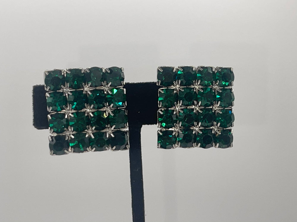 Vintage Green Rhinestones Clip On Earrings Large Square Holidays- Christmas