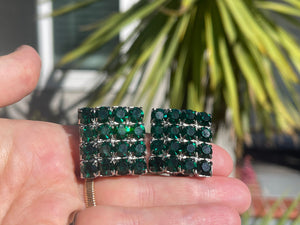 Vintage Green Rhinestones Clip On Earrings Large Square Holidays- Christmas