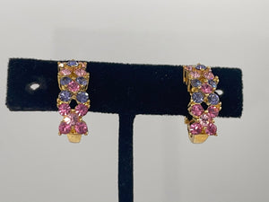 Vintage Designer Joan Rivers Pink & Purple Crystals Clip On Earrings Costume
