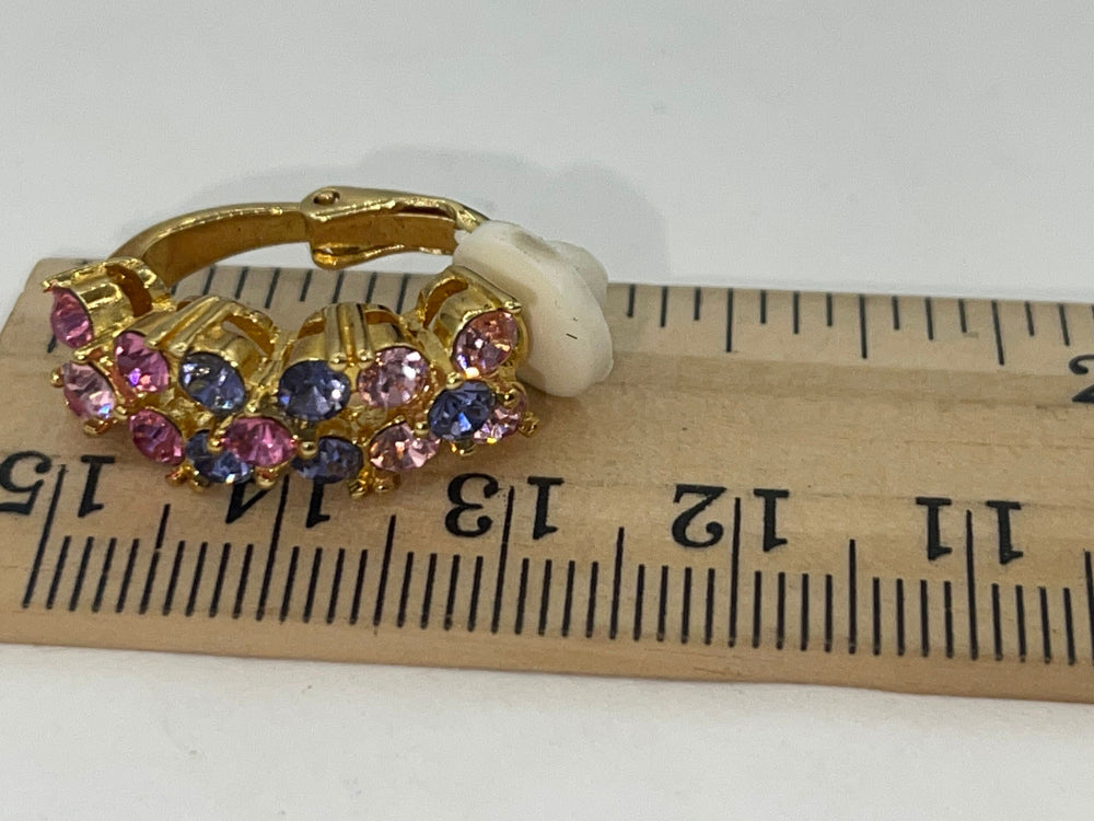 Vintage Designer Joan Rivers Pink & Purple Crystals Clip On Earrings Costume