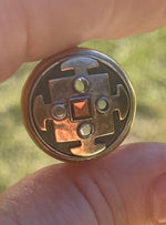 Vintage 18kt Yellow Gold & Sterling Silver Ring w Garnet Gemstone Mens or Women’s Unusual Aztec - Tribal Design Bikers Size 8.25