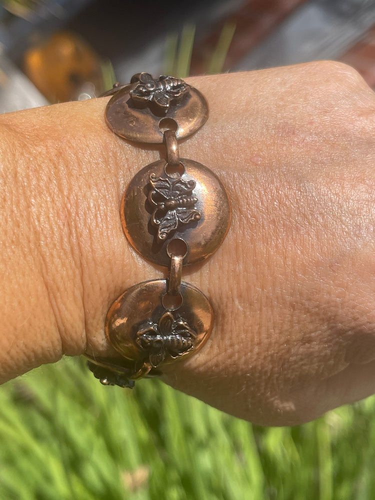 Vintage Solid Copper Link Bracelet w Butterflies & Bees Raised Bugs Insects Butterfly