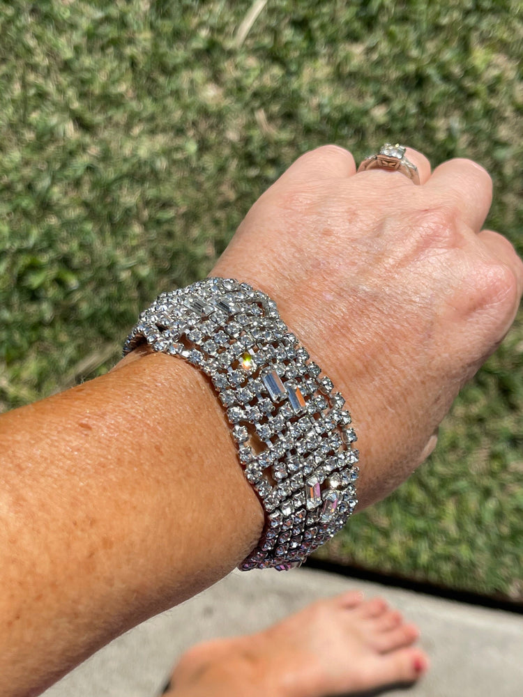 Beautiful Antique Wide Rhinestone Bracelet Art Deco Safety Clasp Cocktail Costume Jewelry