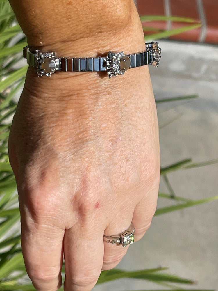 Antique Rhinestones Expansion Bracelet Silver Tone 50’s or 60’s Faux Opals Art Deco