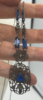 Antique Czechoslovakian Blue Art Glass Filigree Necklace Rhodium Plated Art Deco