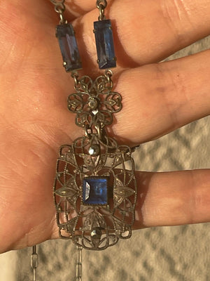 Antique Czechoslovakian Blue Art Glass Filigree Necklace Rhodium Plated Art Deco