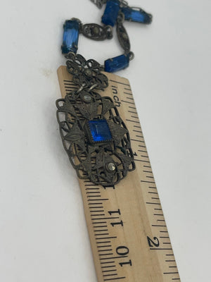 Antique Czechoslovakian Blue Art Glass Filigree Necklace Rhodium Plated Art Deco