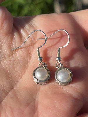 Vintage Sterling Silver 925  White Genuine Pearl Dangle Earrings