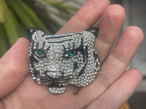 Big Vintage White Tiger Crystal Brooch Costume Green Eyes Cocktail Parties