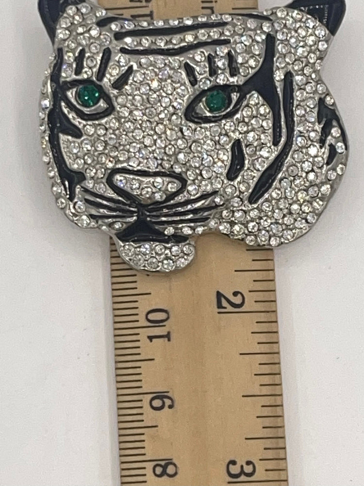 Big Vintage White Tiger Crystal Brooch Costume Green Eyes Cocktail Parties